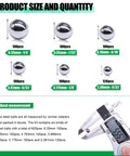 Diagram showing 620 Pieces Stainless Steel Bicycle Bearing Balls Set, Six Sizes, and vernier caliper measurement, ideal for repairs.