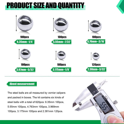 Diagram showing 620 Pieces Stainless Steel Bicycle Bearing Balls Set, Six Sizes, and vernier caliper measurement, ideal for repairs.