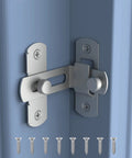 90 Degree Bifold Flip Door Latch In Stainless Steel 304, installed on a blue door, screws included, polished finish