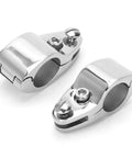Two stainless steel hinged upper jaw slide clamps for 32mm boat rail fittings