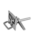 Stainless steel boat floor hatch lock with lift handle, installed on mounting plate