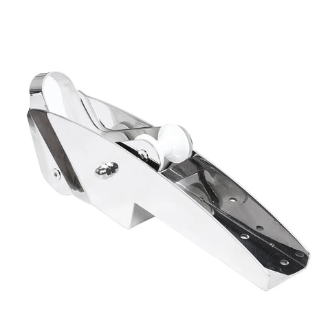 Bow anchor roller bracket, 316 stainless steel, side view with white roller for yachts
