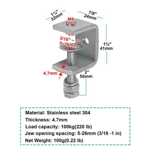 Diagram of Beefy 10 Pack 304 Stainless Steel C Clamp with dimensions and jaw opening details for woodworking and metalworking projects.