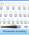 Diagram showing Ultimate 211 Piece C Clip External Retaining Ring Set In 304 Stainless Steel From 4mm To 28mm with tweezer by Glarks.