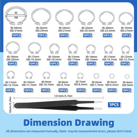 Diagram showing Ultimate 211 Piece C Clip External Retaining Ring Set In 304 Stainless Steel From 4mm To 28mm with tweezer by Glarks.
