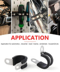 15 Pcs One And A Half Inch Stainless Steel Cable Clamps Kit With Rubber Cushioned Hose Clamps Insulated Tube Clips For Automotive Wiring And Pipe Management showing applications and clamp design