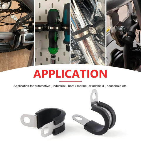 15 Pcs One And A Half Inch Stainless Steel Cable Clamps Kit With Rubber Cushioned Hose Clamps Insulated Tube Clips For Automotive Wiring And Pipe Management showing applications and clamp design