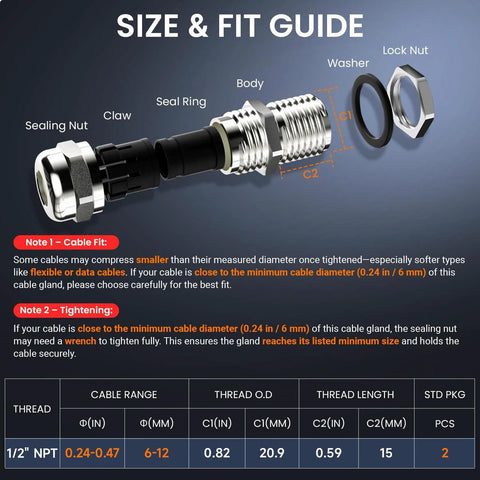 Size and fit guide for two pack one half inch NPT 304 stainless steel cable gland waterproof IP68 metal strain relief cord grip.