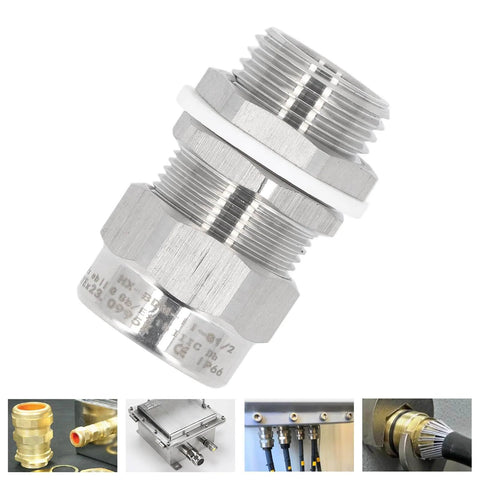 Heavy Duty 304 Stainless Steel Cable Gland G1/2 IP66 Waterproof Armored Connector With Extended Thread IP68 Strain Relief Grommet