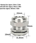 Front view of M32 Stainless Steel IP68 Cable Gland With Threaded Seal Sleeve For 15 To 22mm Cables For Motors Appliances And Marine Use Built Tough Waterproof Outdoor Ready Submersible Protection And Durable Seal, illustrating dimensions and structure.