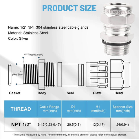 Technical diagram and photo of Built Tough Stainless Steel Waterproof Cable Gland IP68 Rated For Outdoor Use, Adjustable Gland Fits Six To Twelve Millimeter Cables, One Half Inch Thread, Two Pack Heavy Duty Cable Gland Protectors For Weatherproof Sealing.