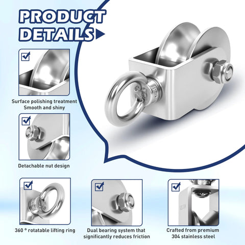 Cable Pulley Wheel 304 Stainless Steel Swivel Pulley With Ball Bearing Detachable 360 Degree Rotation U Groove 30mm with features