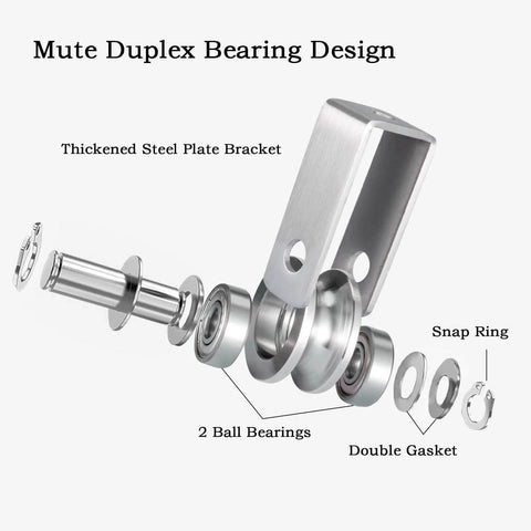 Dual-bearing cable pulley wheel set for rope systems, wall or ceiling mounted, quiet operation using two 608 bearings, stainless steel
