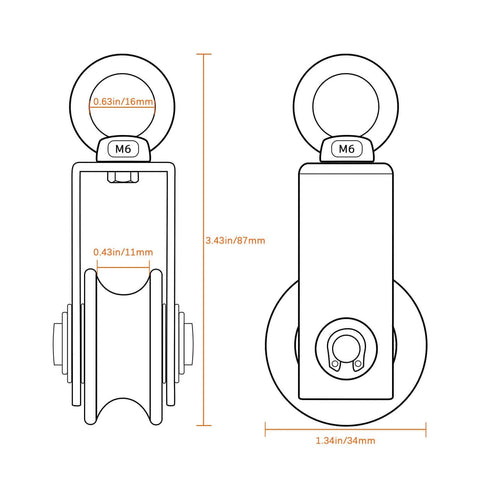 Technical diagram of a ✝️ Cable Pulley Wheel Stainless Steel, Bearing Inside, 3.43in x 1.34in dimensions