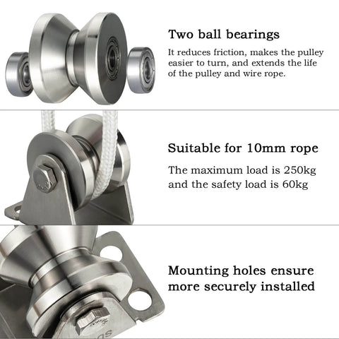 32mm Cable Pulley Wheel Wall Mount With Dual Bearings And Heavy Duty Construction For Smooth Wire Rope Travel 3 To 10mm Stainless Steel V Style Rope Pulley For Pulley System And Sliding Gate Applications with two ball bearings and mounting holes visible