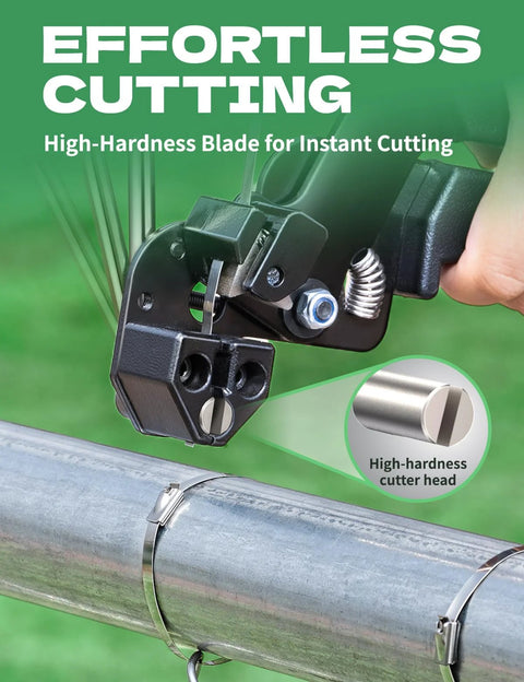 Heavy Duty Stainless Steel Cable Tie Gun Kit with high-hardness blade cutting steel ties on a chain link fence