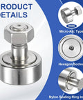 Cam Follower Track Runner Bearing For Linear Motion 304 Stainless Steel Needle Roller Stud Type With 32mm Roller Diameter And M12 Stud Flat Type Hex Socket Rust Resistant High Strength Uxcell CF12 1 KR32 X Cam Follower detailed view with micro-arc type and nylon sealing ring.