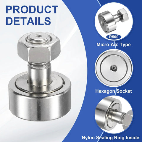 Cam Follower Track Runner Bearing For Linear Motion 304 Stainless Steel Needle Roller Stud Type With 32mm Roller Diameter And M12 Stud Flat Type Hex Socket Rust Resistant High Strength Uxcell CF12 1 KR32 X Cam Follower detailed view with micro-arc type and nylon sealing ring.