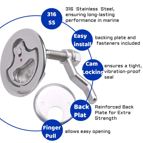 Marine Grade Stainless Steel Boat Cam Latch with Flush Pull Handle and Reinforced Back Plate, 2.5 Inch Diameter