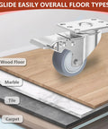 2 Inch Heavy Duty Stainless Steel Caster Wheels With Brake Swivel Set Of 4, 1000 Lbs Total Load, shown on various floor types