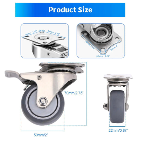 2 Inch Stainless Steel Caster Wheels Set Of 4 With Brakes, Anti Rust Swivel Casters, Silent Non Marking TPR Wheels Size Chart