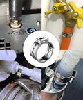 Installed RTHIEAI Cinch Clamp Tool Kit For Stainless Steel PEX Clamps Three Eighths To One Inch with clamp rings on pipes.