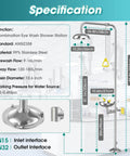 Specifications overview of Industrial And Commercial 304 Stainless Steel Combination Emergency Eye Wash And Full Body Shower Station With NPT Thread And Emergency Sign, ANSI Z3581 2014 Compliant Two In One Safety Eyewash System For Hazardous Materials And OSHA Worksites featuring material, dimensions, and function.