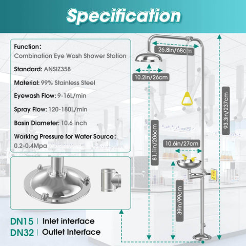 Specifications overview of Industrial And Commercial 304 Stainless Steel Combination Emergency Eye Wash And Full Body Shower Station With NPT Thread And Emergency Sign, ANSI Z3581 2014 Compliant Two In One Safety Eyewash System For Hazardous Materials And OSHA Worksites featuring material, dimensions, and function.
