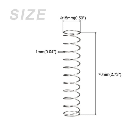 Side view of Pro Grade Heavy Duty Stainless Steel Compression Springs Pack Of 5, 15mm Outer Diameter, 70mm Free Length, 304 Stainless
