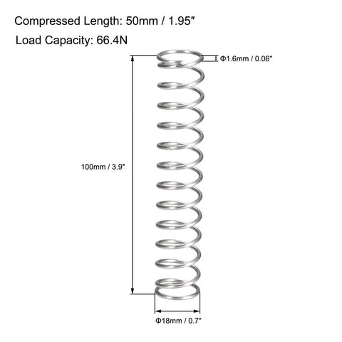 Front view of Heavy Duty Compression Spring Set In 304 Stainless Steel, 18mm Outer Diameter, 1.6mm Wire, 100mm Free Length.