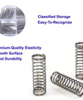 Compression Springs Set 24 Sizes 398 Pieces Of 304 Stainless Steel Coil Springs for DIY Repairs and Projects shown in close-up view.