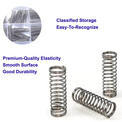 Compression Springs Set 24 Sizes 398 Pieces Of 304 Stainless Steel Coil Springs for DIY Repairs and Projects shown in close-up view.