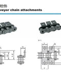 Engineering diagram of Stainless Steel Short Pitch Plate Conveyor Drive Roller Chain 08B-1 10A-1 with A1 A2 Attachments.