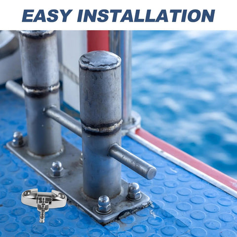 Close-up of marine-grade stainless steel rotating deck sunblind bracket with slide pin on blue boat deck.