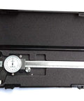 Six Inch Stainless Steel Dial Caliper in protective case, featuring 0.001 inch graduations and a lockable slide for precision measurement.