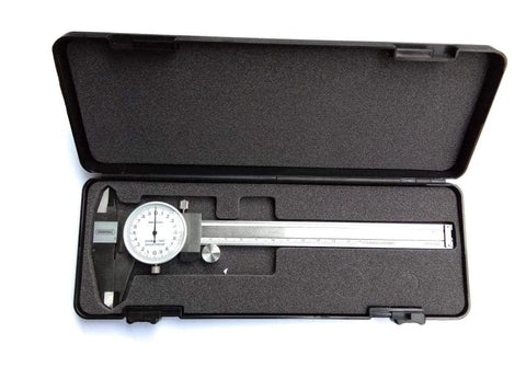 Six Inch Stainless Steel Dial Caliper in protective case, featuring 0.001 inch graduations and a lockable slide for precision measurement.