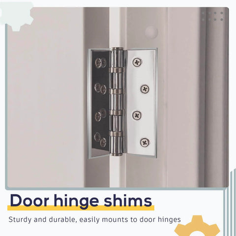 15 Pieces Hardware Door Hinge Shims Stainless Steel With Metal Coated Finish 4 Inch Silver Repair Kit for gap adjustment shown installed