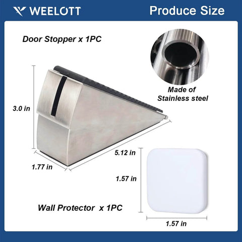Built Tough Door Stop Wedge With Adjustable 0.5 To 3 Inch Gap Anti Slip Base And Silencer Pad Floor Scratch Guard Noise Reduction For Heavy Doors At Home And Office, shown with stainless steel material and wall protector.