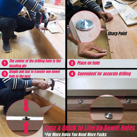 Using Ten Piece Stainless Steel Dowel Pin Center Tool Set For Woodworking, transferring hole positions with accuracy and sharp points