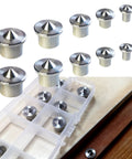 Ten Piece Stainless Steel Dowel Pin Center Tool Set For Woodworking With Sharp Points displayed with storage box and wooden surface