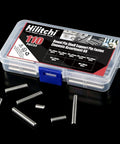 Pro Grade Stainless Steel Dowel Pin Shelf Support Kit 110 piece assortment with case and assorted dowels on black background