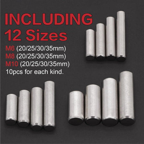 Stainless Steel Pro Grade Dowel Pin Set 120 Pcs With 12 Sizes M6 M8 M10 And 20 25 30 35mm Lengths 304 Rust Resistant