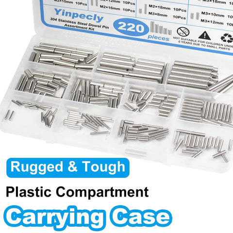 220 Piece Stainless Steel Dowel Pin Set With 22 Sizes M2 M3 M4 M5 in plastic compartment case
