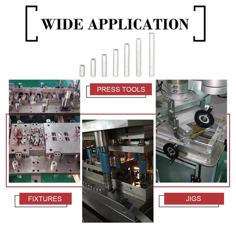 Wide application of Pro Grade Stainless Steel Dowel Pin Shelf Support Kit 110 Piece Assortment with various press tools, fixtures, jigs.