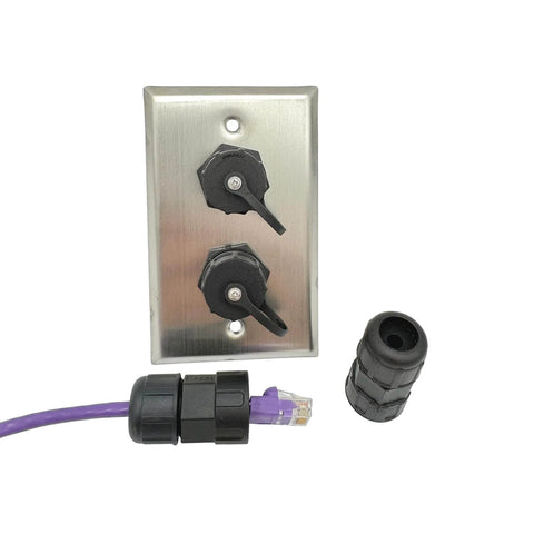 Built Tough Outdoor Ethernet Wall Plate With Dual Waterproof RJ45 CAT6 Jacks For Patios And Workshops, stainless steel outlet visible