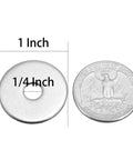Stainless Steel Fender Washer 1/4 Inch ID 1 Inch OD 0.078 Inch Thick 304 40 Pcs next to a quarter for size comparison.