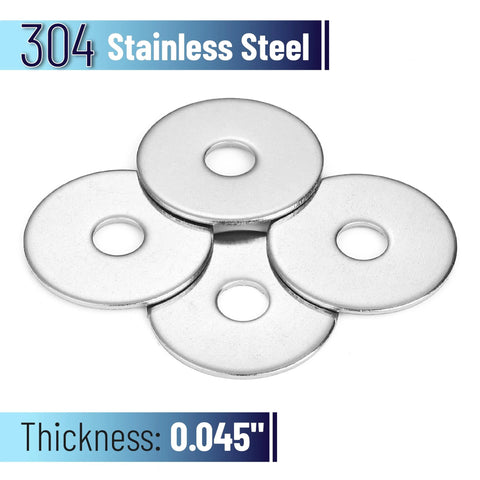 Stainless Fender Washers 1/4 Inch Inner 1 Inch Outer Diameter Pack Of 100, 304 stainless steel, thickness 0.045 inches