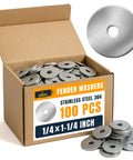 Box of 100 Pcs Stainless Fender Washers 1/4 X 1-1/4 Inch for screws and bolts, stainless steel 304 washers displayed