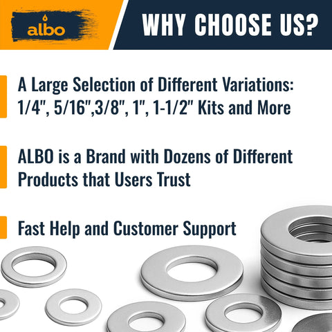 Stack of stainless fender washers with text about product variety, trusted brand, and customer support. Focus: 100 Pcs Stainless Fender Washers 1/4 X 1-1/4 Inch For Screws And Bolts.