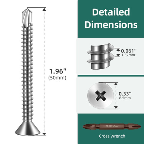 Detailed dimensions of 100pcs #10 x 2 410 Stainless Steel Flat Head Self Drilling Screws for sheet metal and plastic with matching drill bit